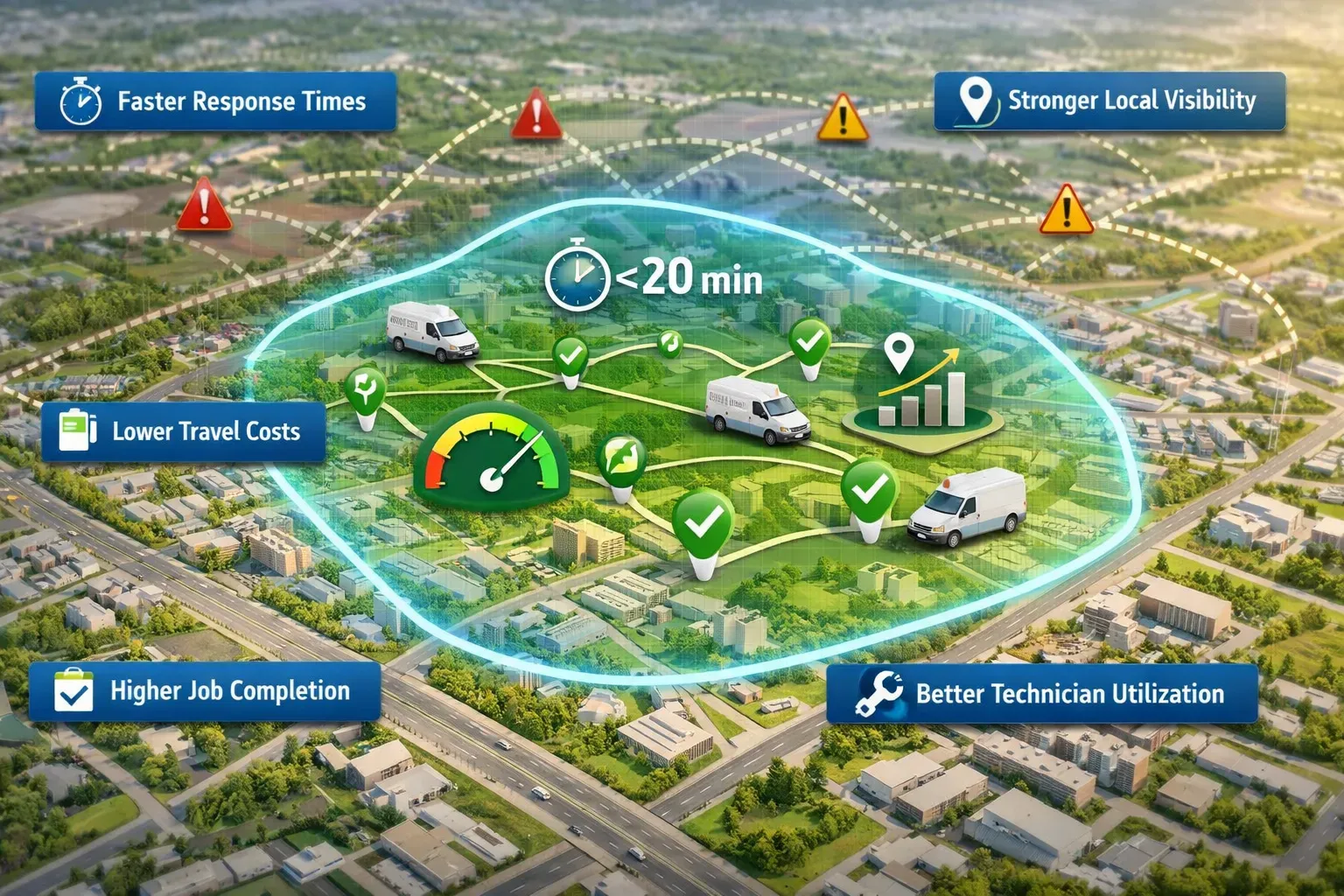 Service area map showing optimized routes, faster response, and lower costs